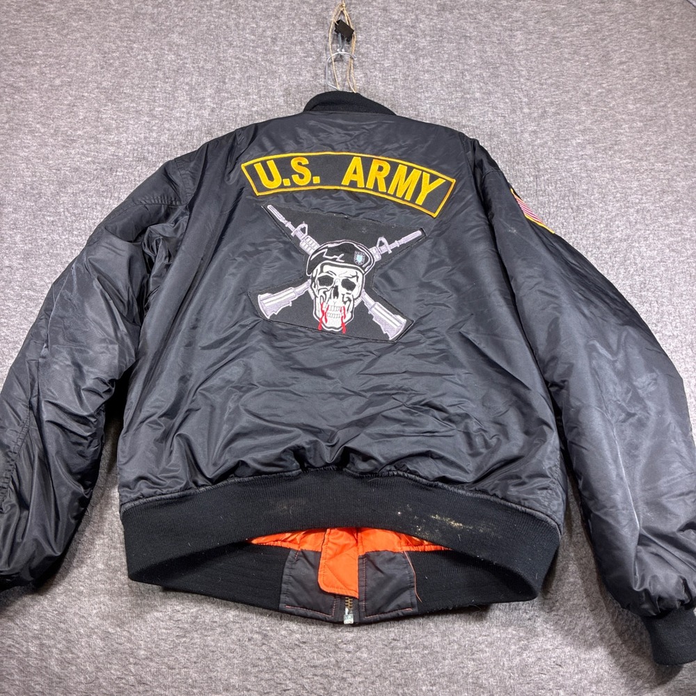 Rothco MA-1‎ Bomber Jacket Mens XL Black US Army Skull Patch Reversible Orange